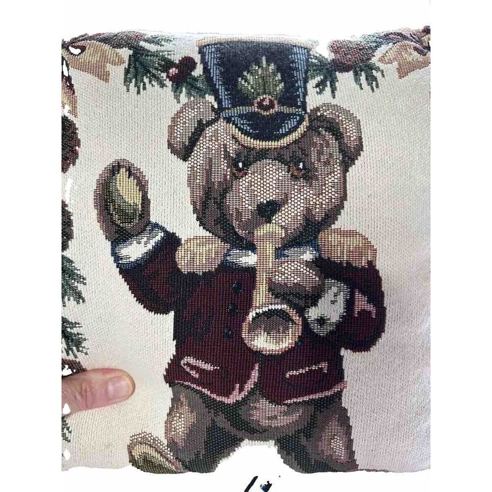 Vintage Teddy Bear Needle Point Pillow 12x12 Burgundy Dakota Christmas Bugle